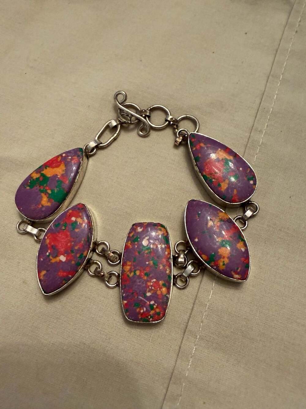 Sterling Silver 925 Purple Multi Color Stone Link Bracelet